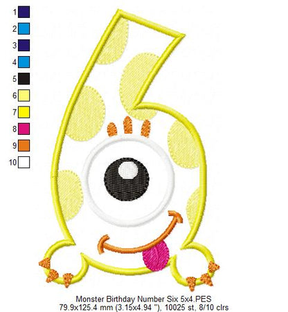 Monster Birthday Number 6 Six 6th Birthday - Applique