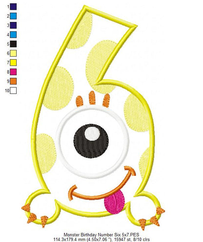 Monster Birthday Number 6 Six 6th Birthday - Applique