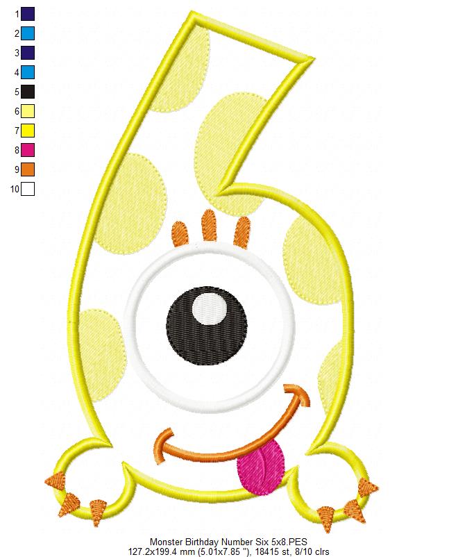 Monster Birthday Number 6 Six 6th Birthday - Applique