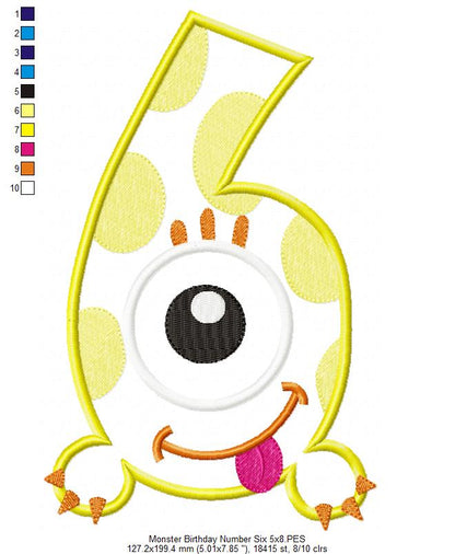 Monster Birthday Number 6 Six 6th Birthday - Applique