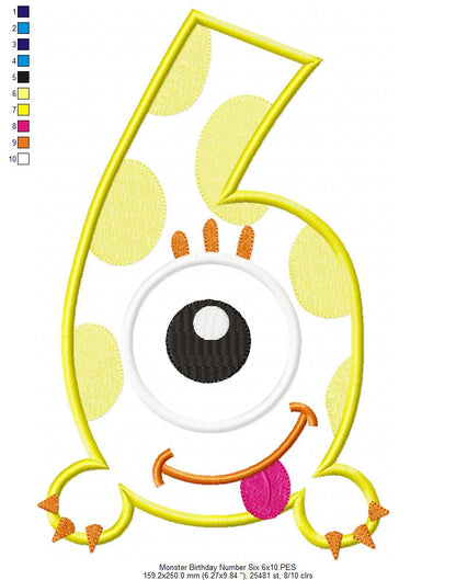 Monster Birthday Number 6 Six 6th Birthday - Applique