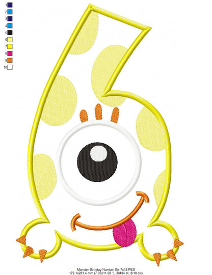 Monster Birthday Number 6 Six 6th Birthday - Applique