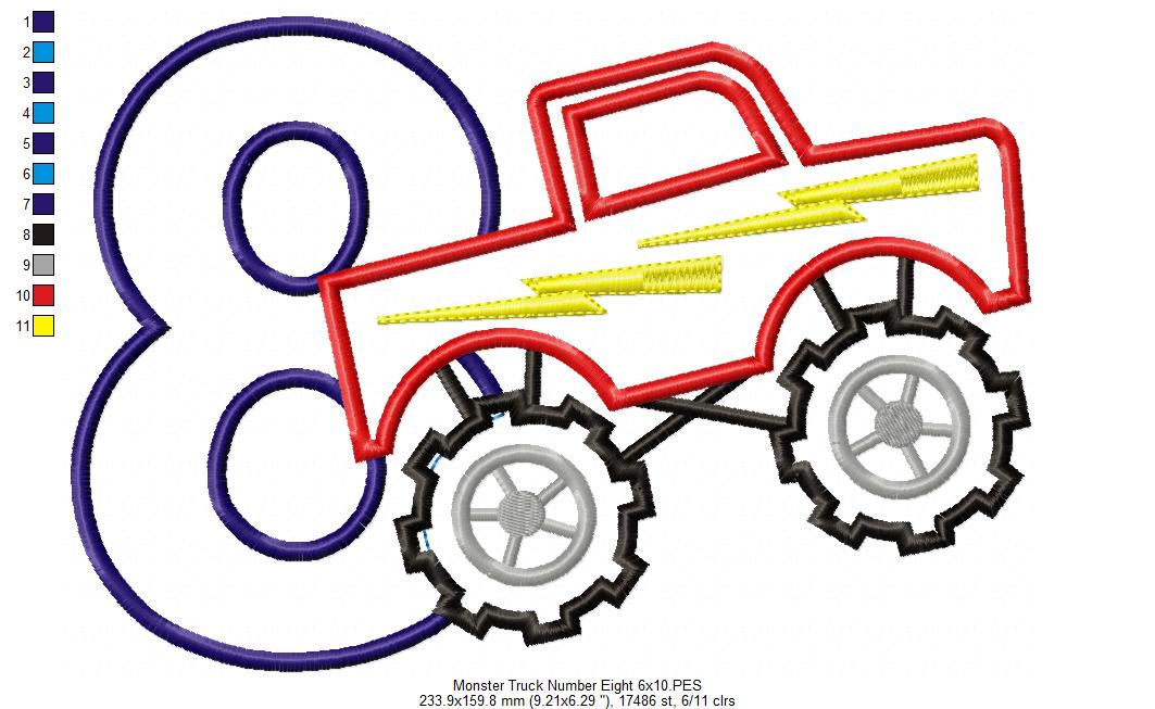 Monster Truck Number 8 Eight 8th Eighth Birthday Number 8 - Applique