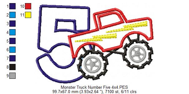 Monster Truck Number 5 Five 5th Fifth Birthday Number 5 - Applique