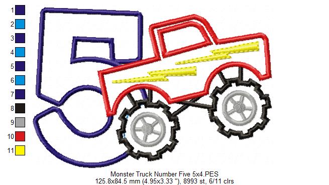 Monster Truck Number 5 Five 5th Fifth Birthday Number 5 - Applique