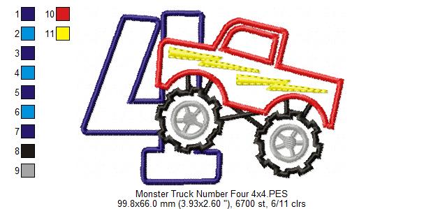 Monster Truck Number 4 Four 4th Fourth Birthday Number 4 - Applique