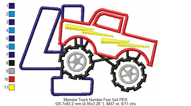 Monster Truck Number 4 Four 4th Fourth Birthday Number 4 - Applique