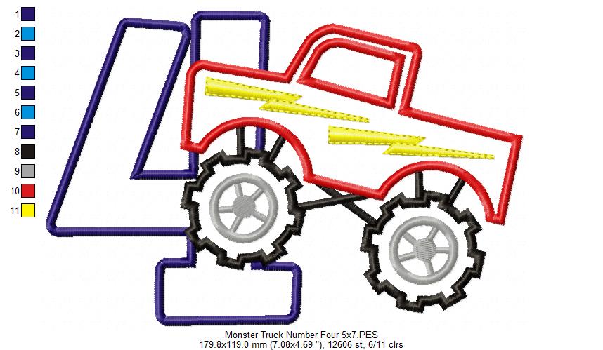Monster Truck Number 4 Four 4th Fourth Birthday Number 4 - Applique