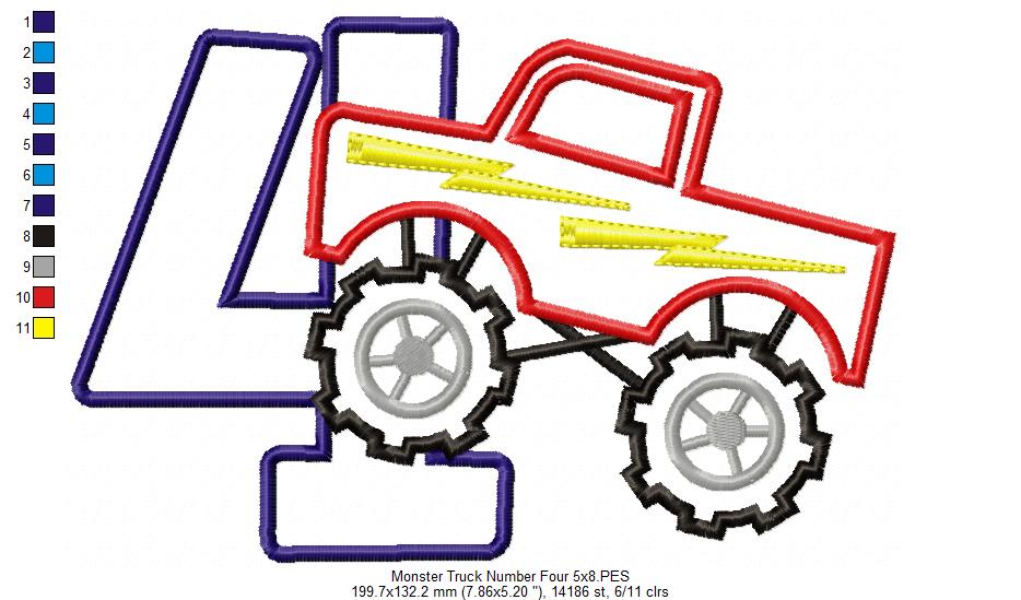 Monster Truck Number 4 Four 4th Fourth Birthday Number 4 - Applique