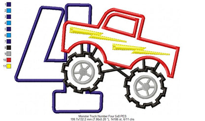 Monster Truck Number 4 Four 4th Fourth Birthday Number 4 - Applique