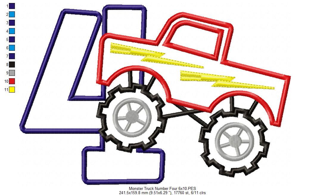 Monster Truck Number 4 Four 4th Fourth Birthday Number 4 - Applique