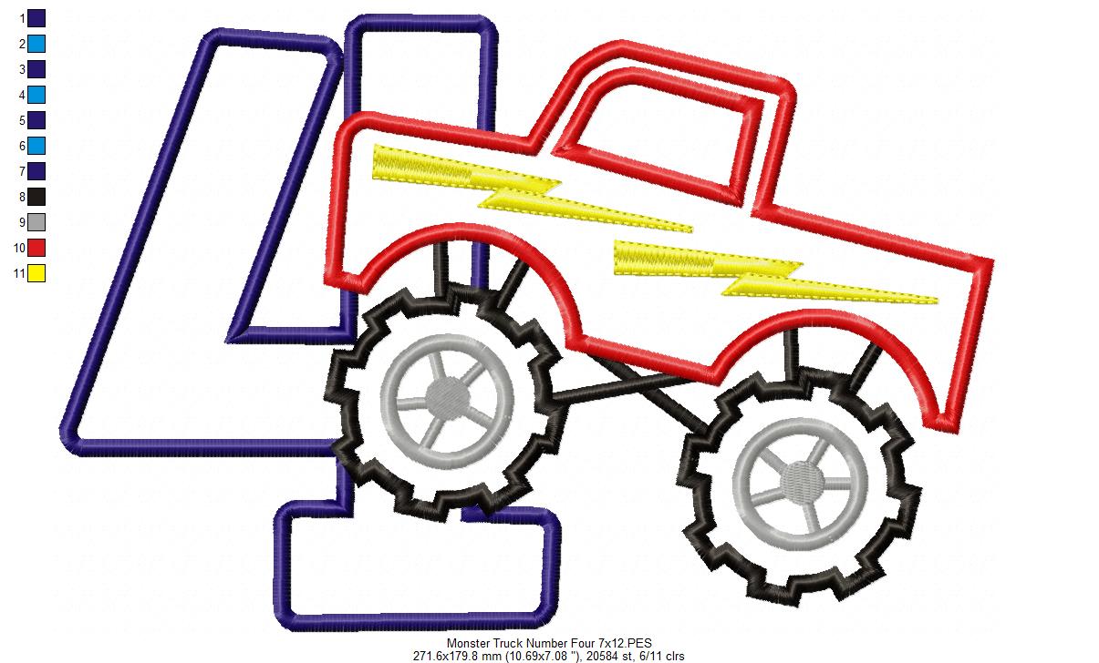 Monster Truck Number 4 Four 4th Fourth Birthday Number 4 - Applique