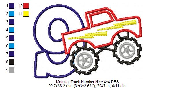 Monster Truck Number 9 Nine 9th Nineth Birthday Number 9 - Applique