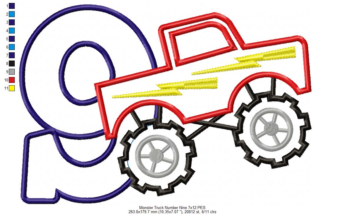 Monster Truck Number 9 Nine 9th Nineth Birthday Number 9 - Applique