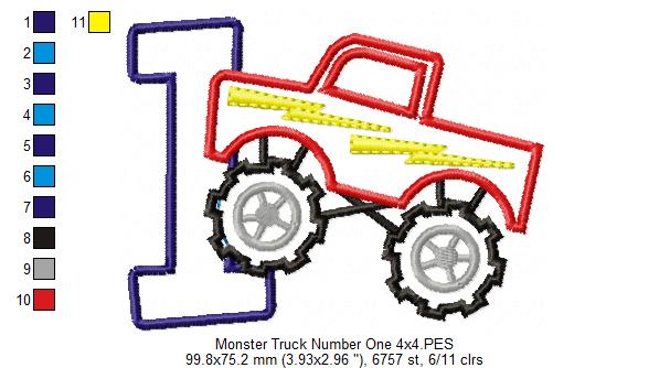 Monster Truck Birthday Number 1 One 1st Birthday  - Applique