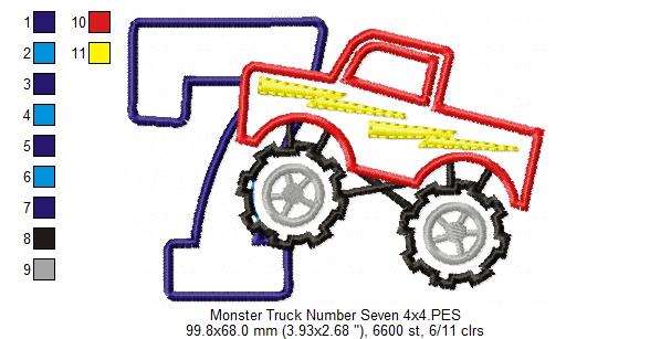Monster Truck Number 7 Seven 7th Seventh Birthday Number 7 - Applique
