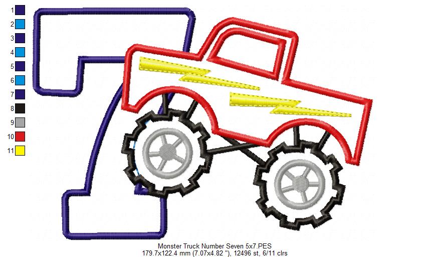 Monster Truck Number 7 Seven 7th Seventh Birthday Number 7 - Applique