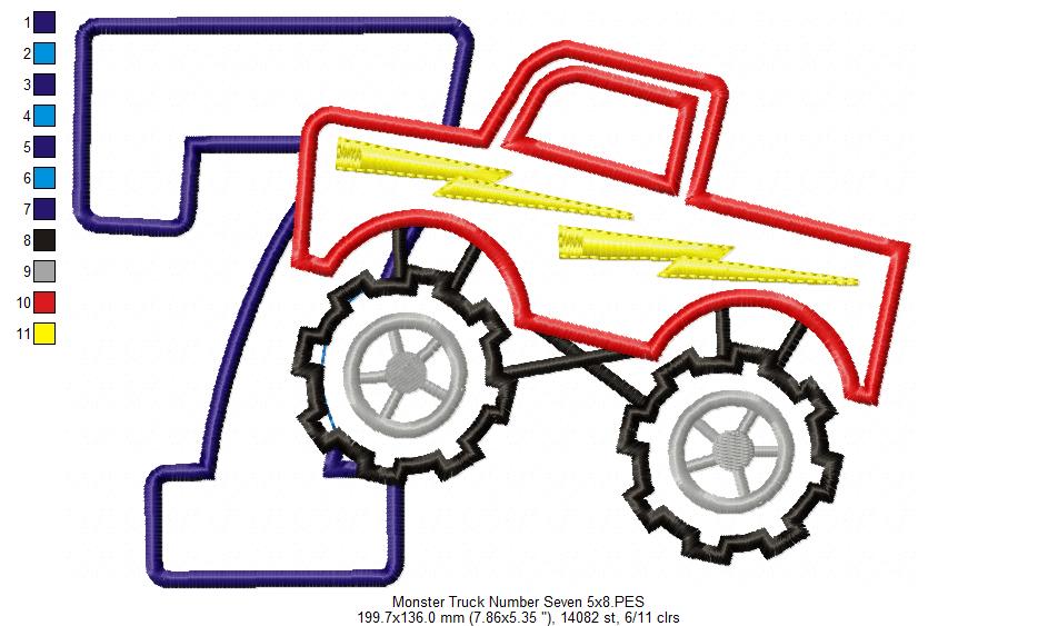 Monster Truck Number 7 Seven 7th Seventh Birthday Number 7 - Applique