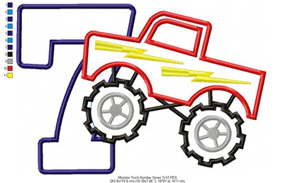 Monster Truck Number 7 Seven 7th Seventh Birthday Number 7 - Applique