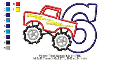Monster Truck Number 6 Six 6th Birthday - Applique