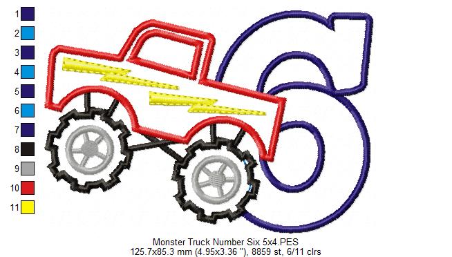 Monster Truck Number 6 Six 6th Birthday - Applique