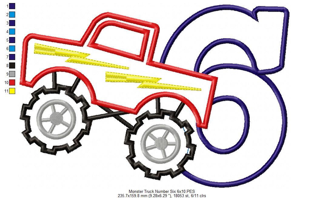 Monster Truck Number 6 Six 6th Birthday - Applique