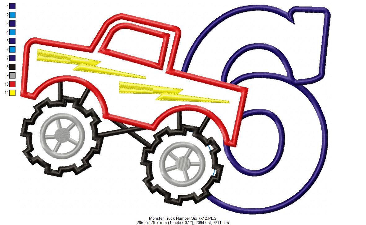 Monster Truck Number 6 Six 6th Birthday - Applique