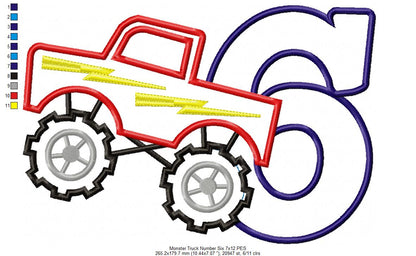Monster Truck Number 6 Six 6th Birthday - Applique