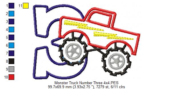 Monster Truck Number 3 Three 3rd Birthday - Applique