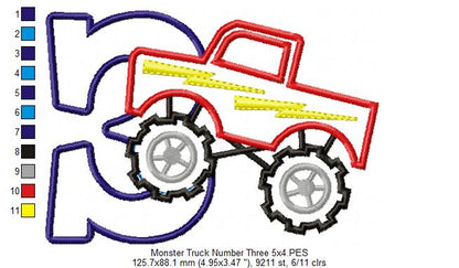 Monster Truck Number 3 Three 3rd Birthday - Applique