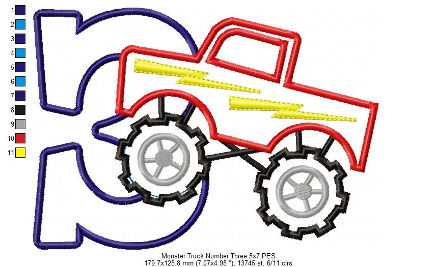Monster Truck Number 3 Three 3rd Birthday - Applique
