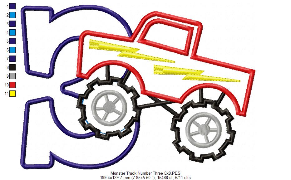 Monster Truck Number 3 Three 3rd Birthday - Applique