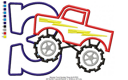 Monster Truck Number 3 Three 3rd Birthday - Applique