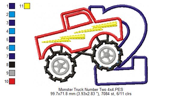 Monster Truck Birthday Number 2 Two 2nd Birthday  - Applique