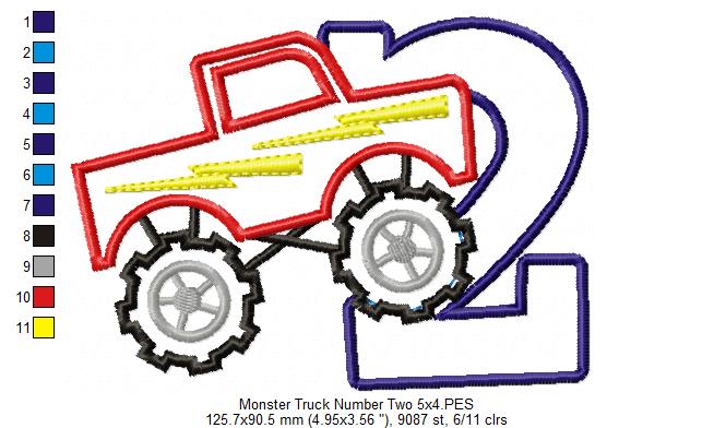 Monster Truck Birthday Number 2 Two 2nd Birthday  - Applique