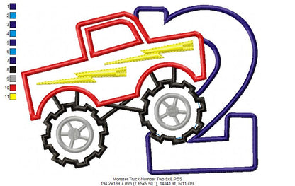 Monster Truck Birthday Number 2 Two 2nd Birthday  - Applique