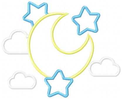 Moon, Clouds and Stars - Applique - Machine Embroidery Design