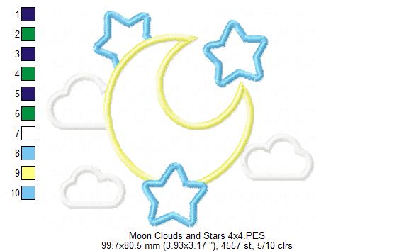 Moon, Clouds and Stars - Applique - Machine Embroidery Design