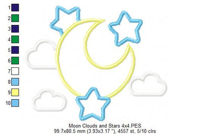 Moon, Clouds and Stars - Applique - Machine Embroidery Design