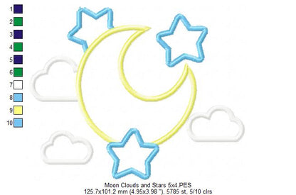 Moon, Clouds and Stars - Applique - Machine Embroidery Design