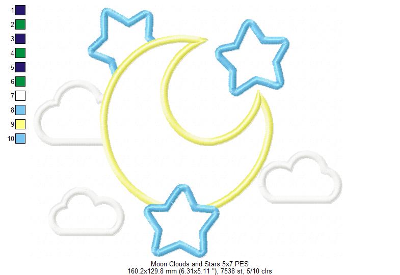 Moon, Clouds and Stars - Applique - Machine Embroidery Design