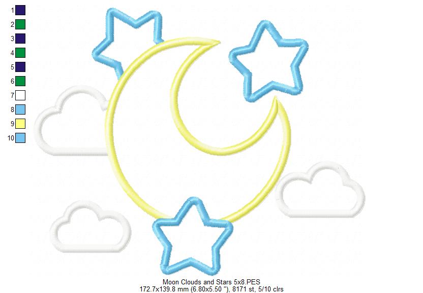 Moon, Clouds and Stars - Applique - Machine Embroidery Design