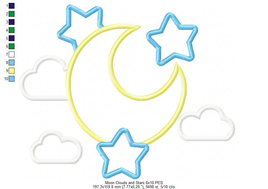 Moon, Clouds and Stars - Applique - Machine Embroidery Design