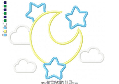 Moon, Clouds and Stars - Applique - Machine Embroidery Design