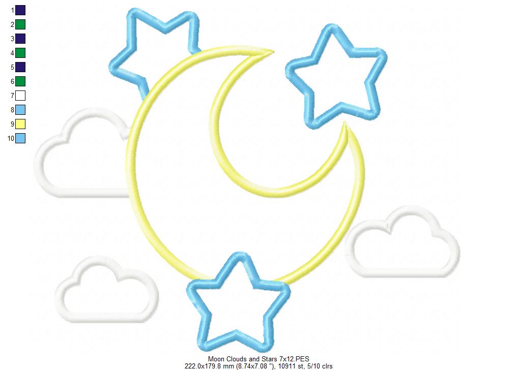 Moon, Clouds and Stars - Applique - Machine Embroidery Design
