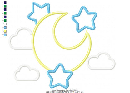 Moon, Clouds and Stars - Applique - Machine Embroidery Design