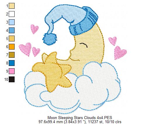 Sleepy Moon, Cloud and Stars - Fill Stitch