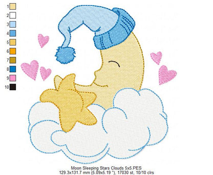 Sleepy Moon, Cloud and Stars - Fill Stitch