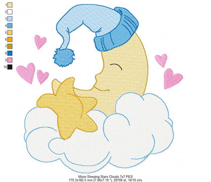 Sleepy Moon, Cloud and Stars - Fill Stitch