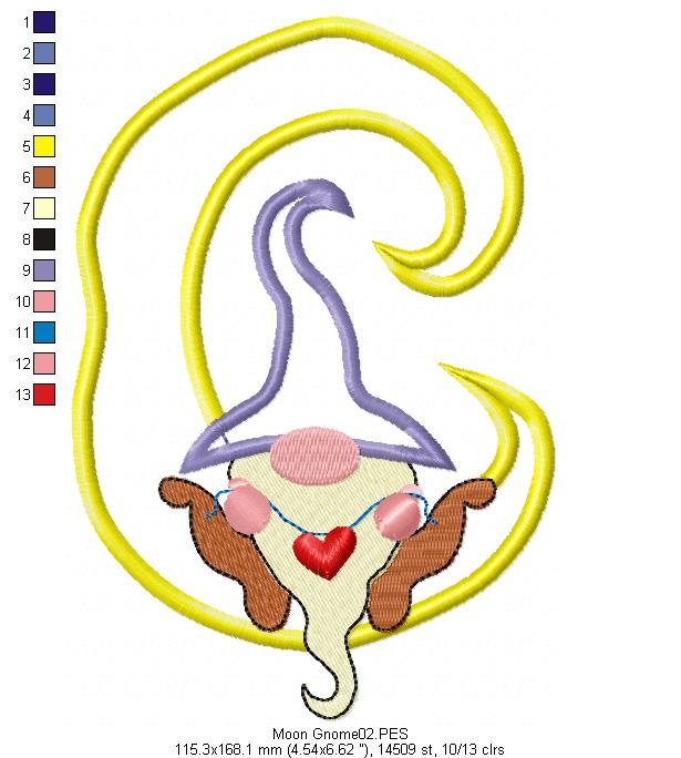 Moon Love Gnome - Applique - Machine Embroidery Design
